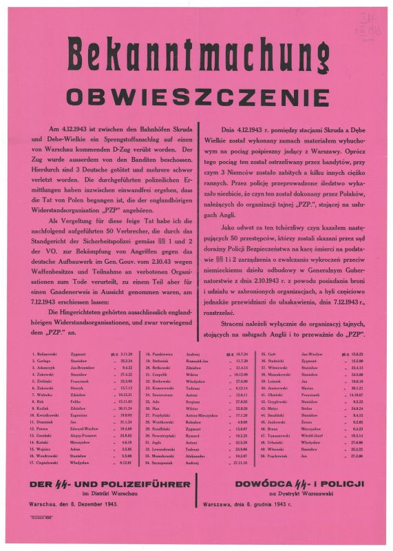 Zdjęcie przedstawia Obwieszczenie: Dnia 4.12.1943 r. pomiędzy stacjami Skruda a Dębe Wielkie został wykonany zamach materiałem wybuchowym na pociąg pośpieszny jadący z Warszawy […].